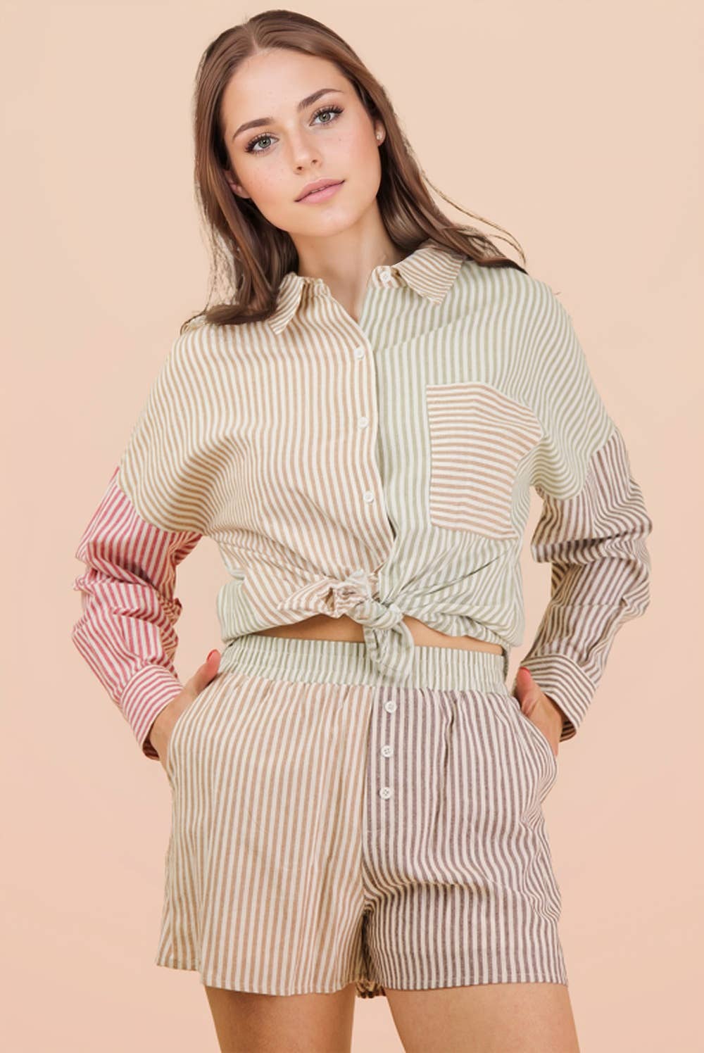 Stripe Color Block Shirt Top & Shorts Set