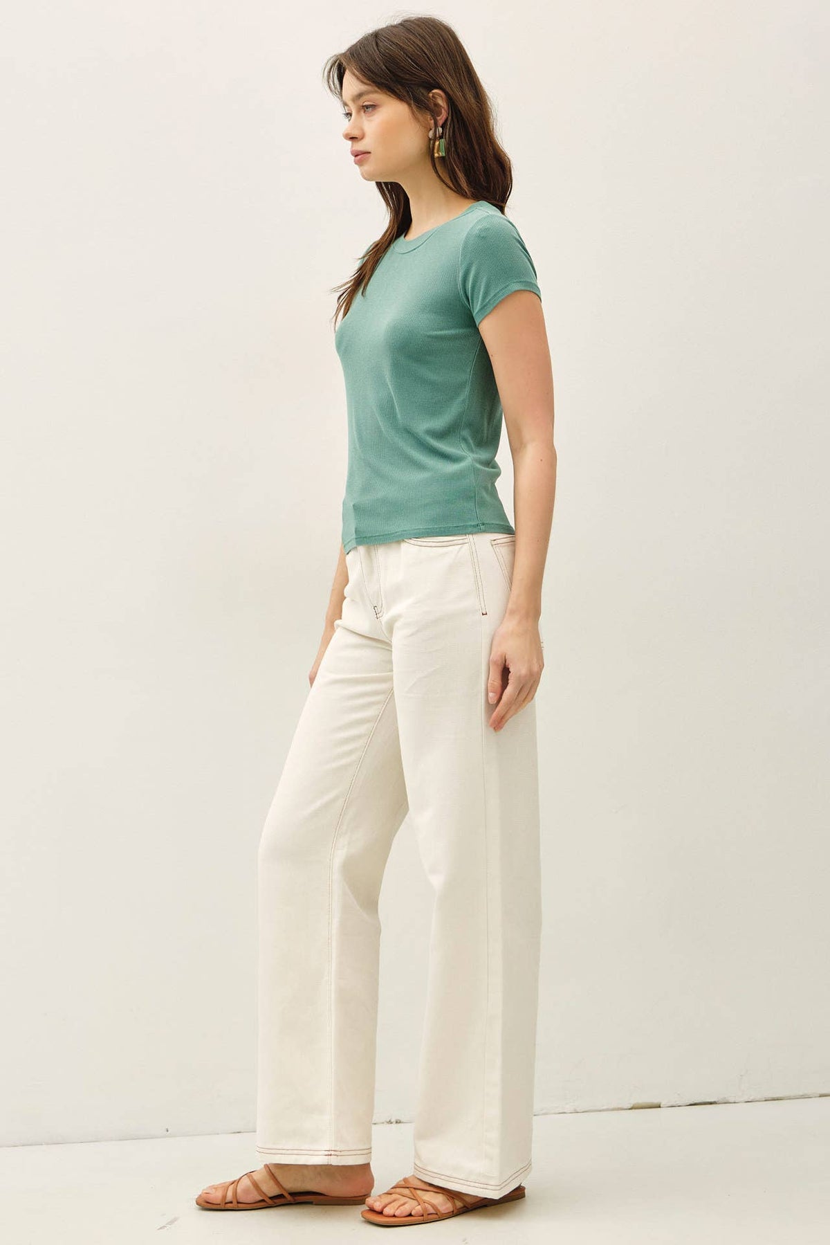 GARMENT DYE RIBBED CREW NECK TOP
