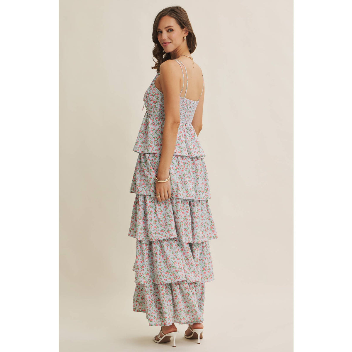 MORNING MEADOW TWISTED FRONT TIERED SMOCKED MAXI DRESS