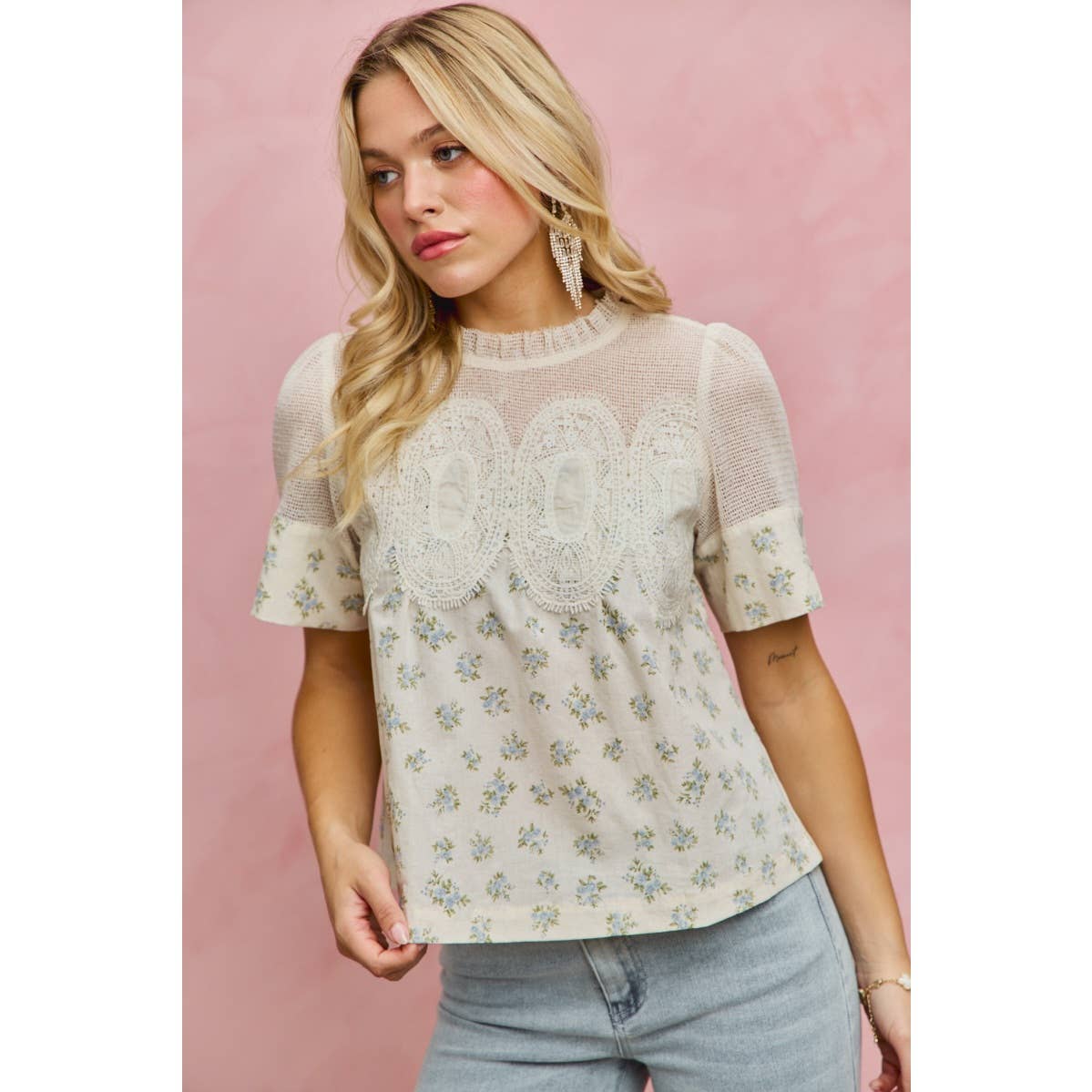 FLORAL PRINT LACE TRIM COTTON BLOUSE TOP