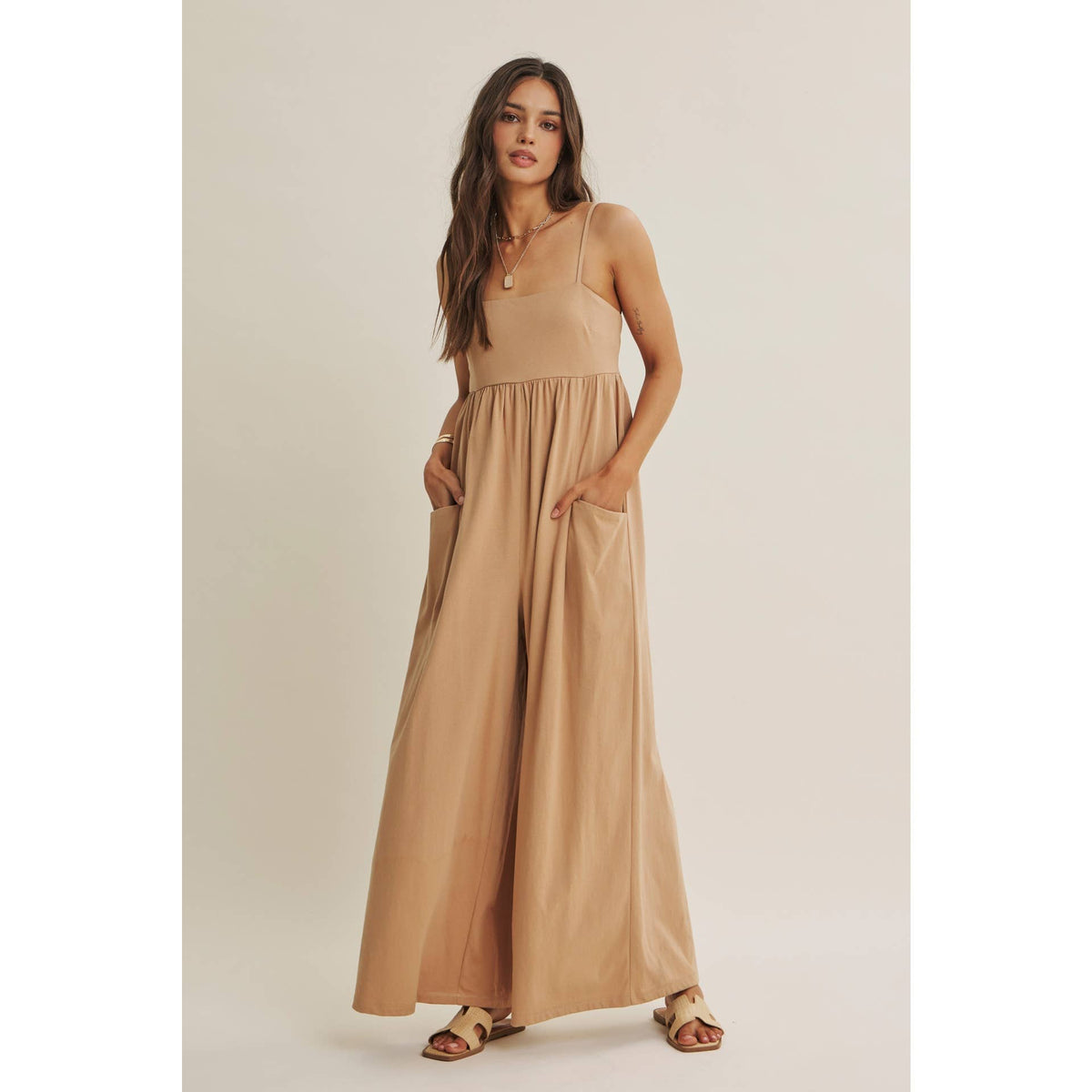SLOW SUMMER FLOWY WIDE-LEG COTTON KNIT JUMPSUIT