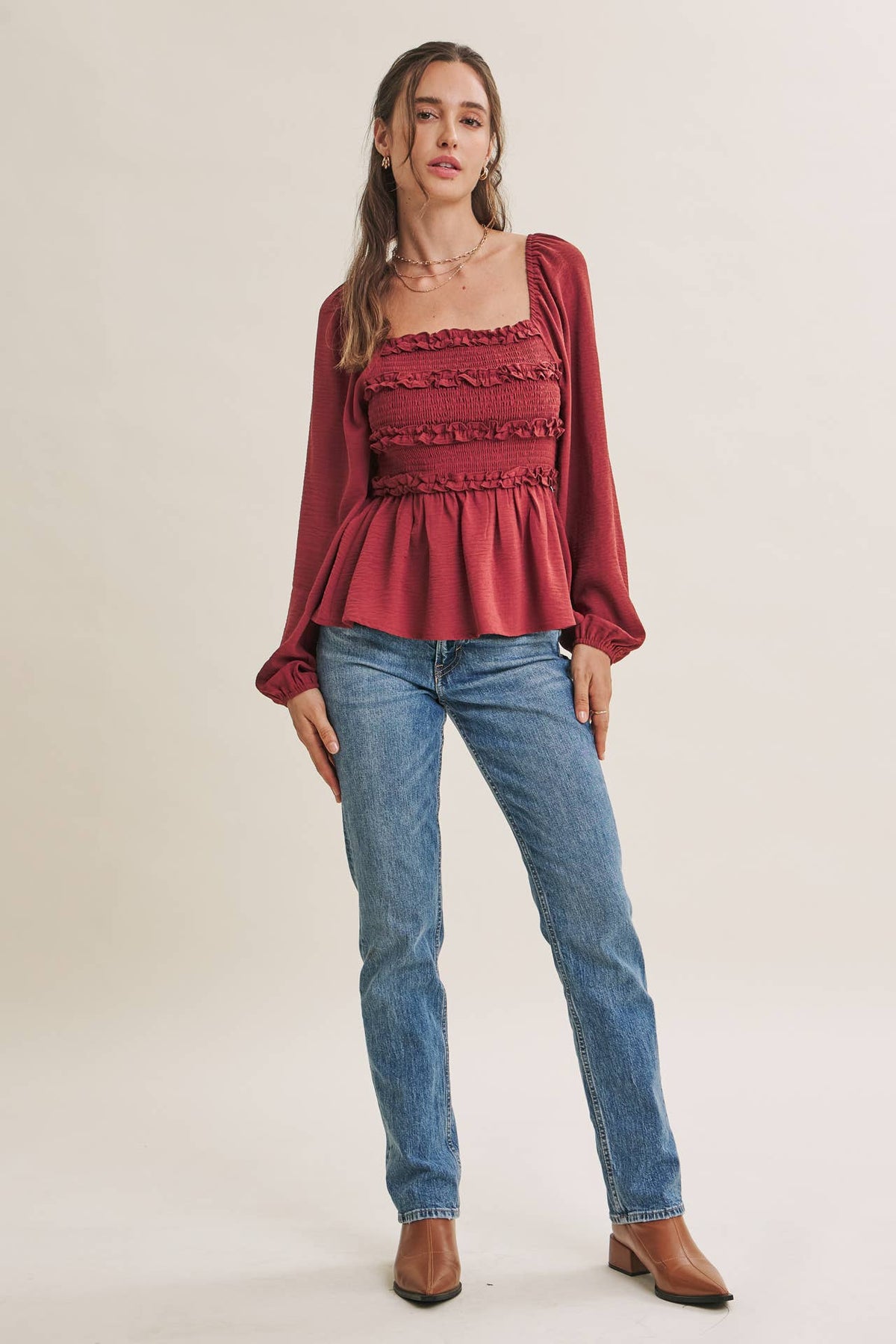 ROSEWOOD EVENING SQUARE NECK SMOCKED PEPLUM BLOUSE