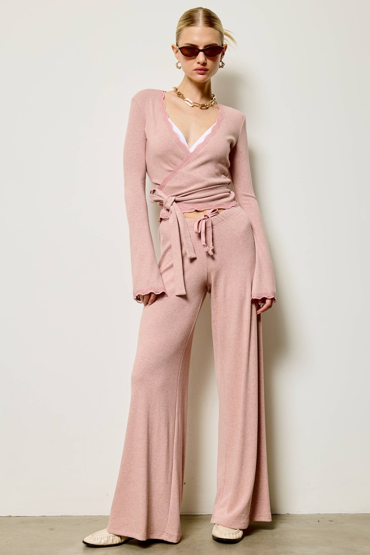 Scallop Lace Trim Wrap Top and Wide Leg Pants Set