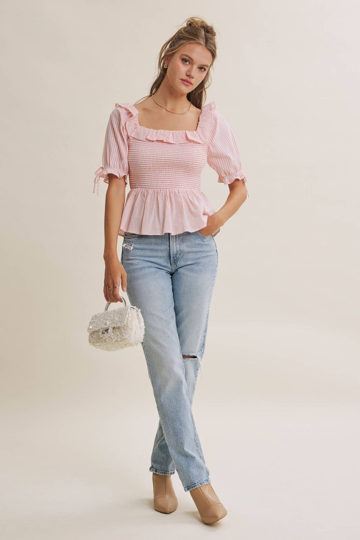 SOFT BREEZE RUFFLE SMOCKED STRIPE PEPLUM BLOUSE WITH BOW