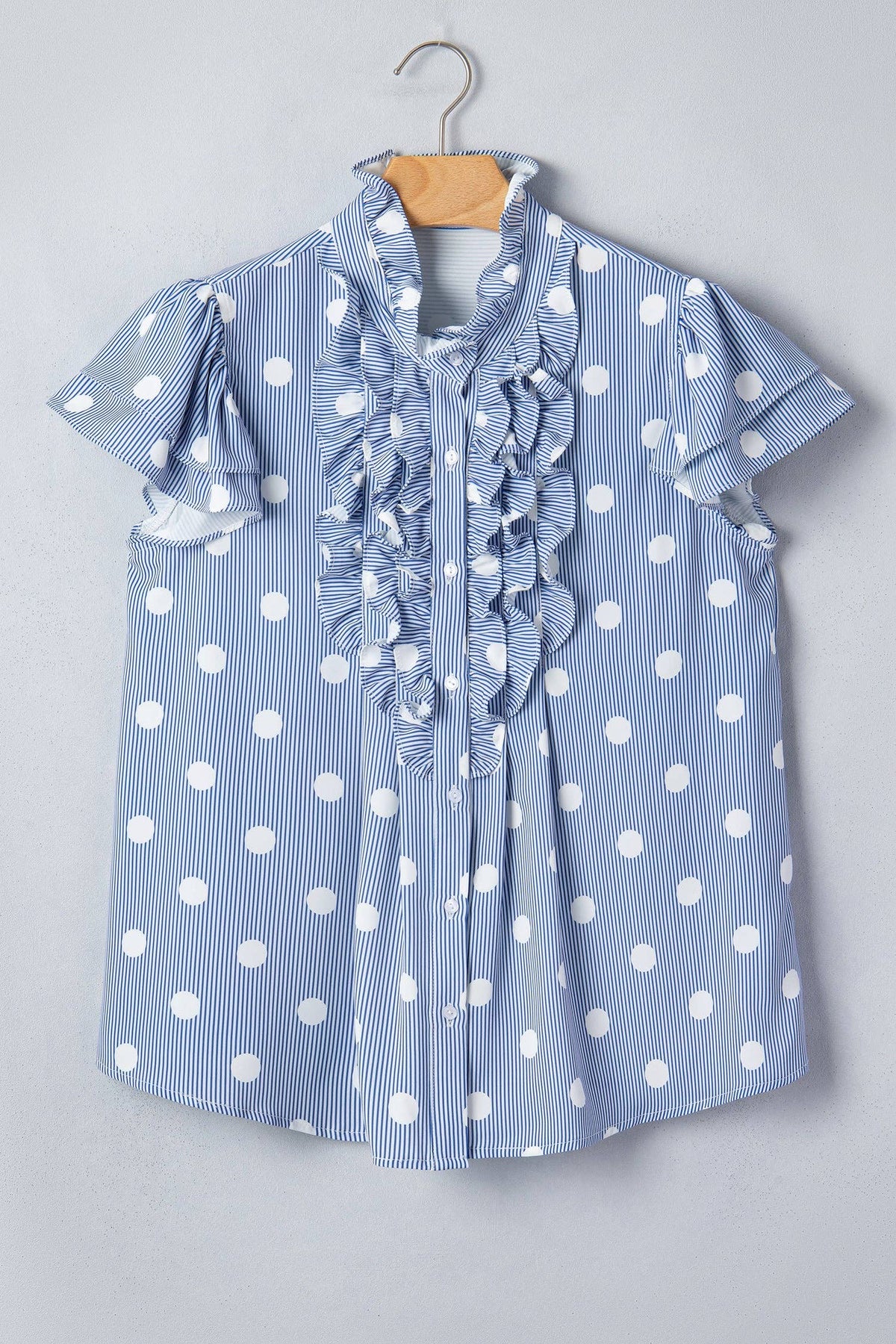 Stripe Contrast Polka Dot Ruffle Sleeve Shirt