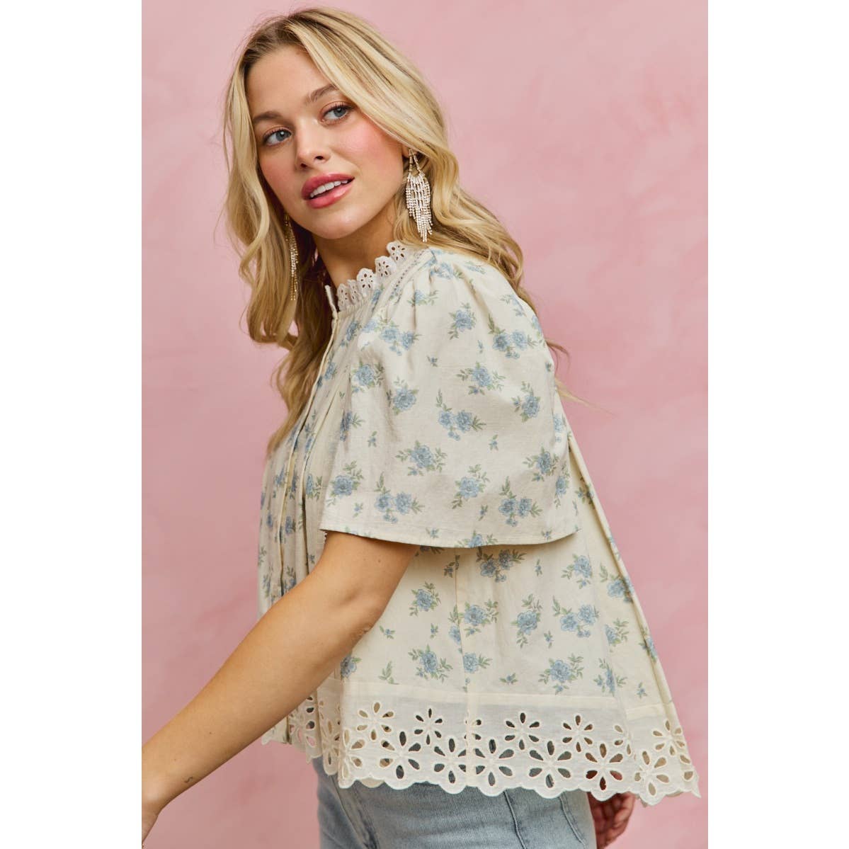 FLORAL PRINT LACE TRIM FLUTTER SLEEVES BLOUSE
