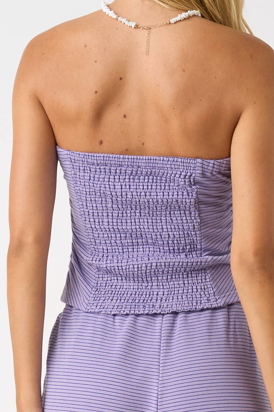 STRIPED PRINT SMOCKED BACK TUBE TOP AND PANTS SET