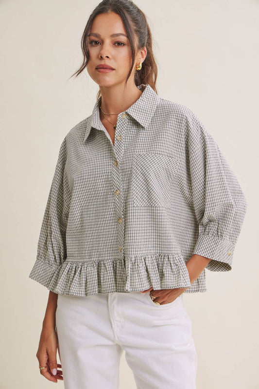 MORNING OAT MICRO CHECK RUFFLE HEM BUTTON-DOWN SHIRT
