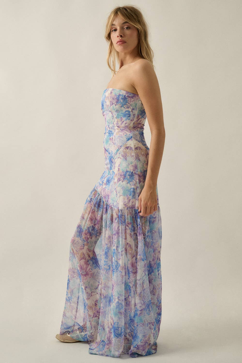 Floral Chiffon Asymmetrical Strapless Drop-Waist Maxi Dress