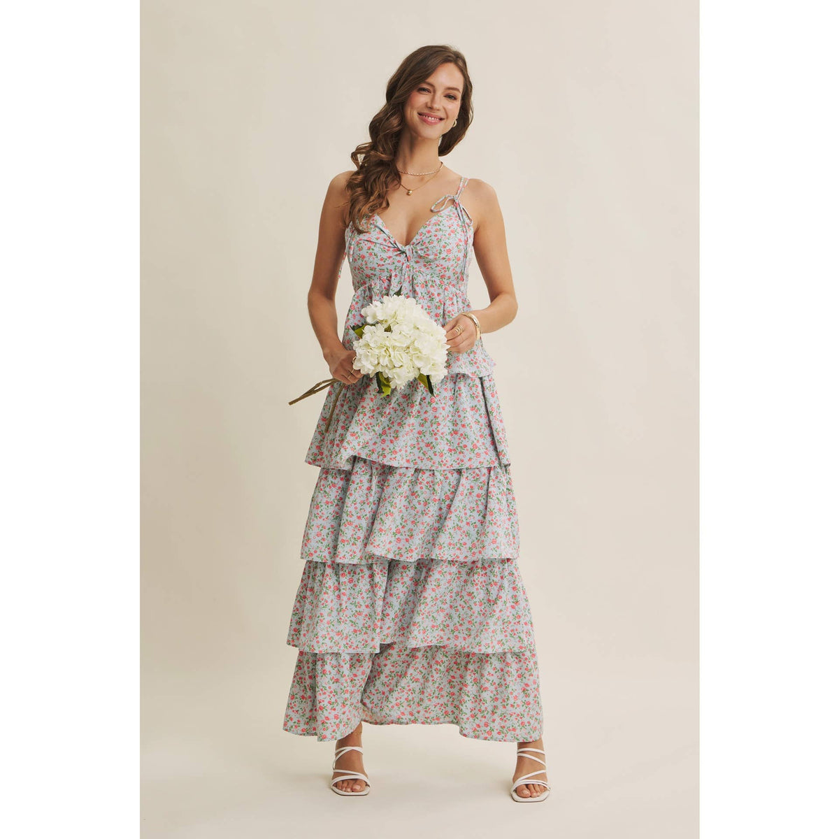 MORNING MEADOW TWISTED FRONT TIERED SMOCKED MAXI DRESS