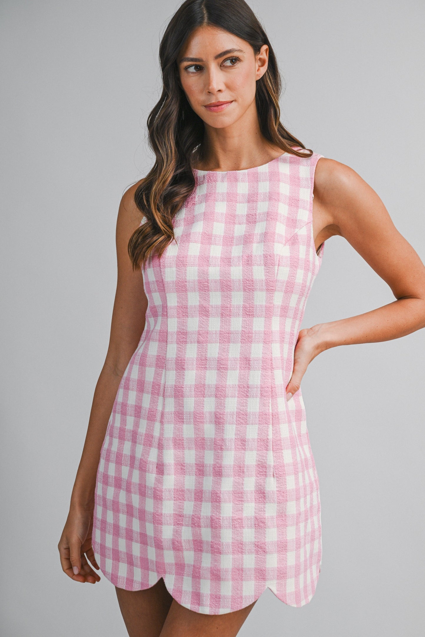 Textured Plaid Scallop Hem Mini Dress