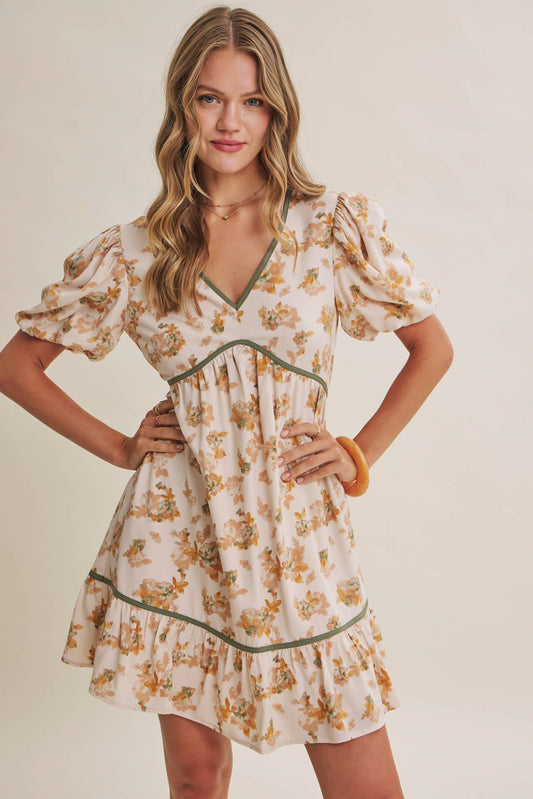 VINTAGE FLORAL BACK BOW BUBBLE SLEEVES FLARE MINI DRESS