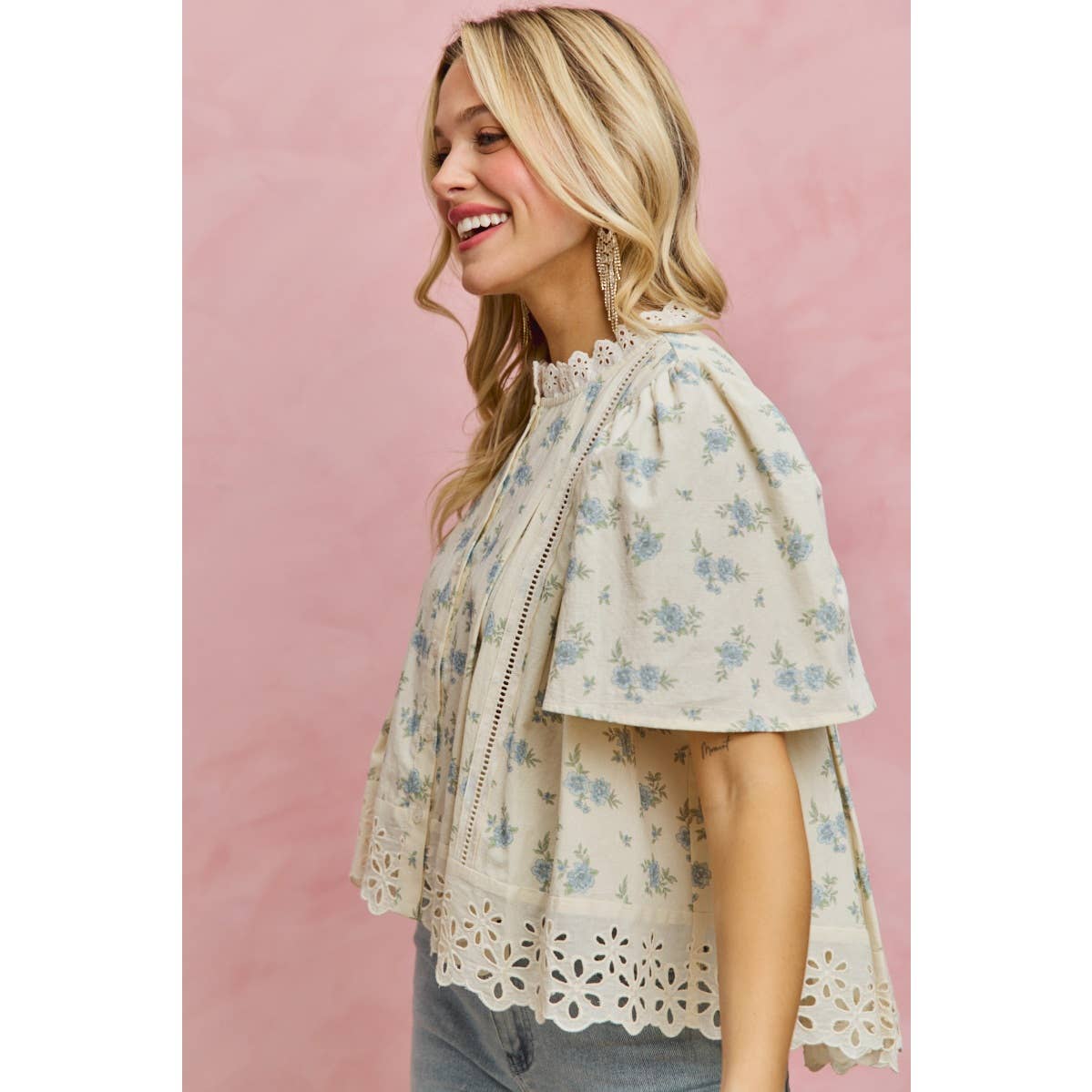 FLORAL PRINT LACE TRIM FLUTTER SLEEVES BLOUSE