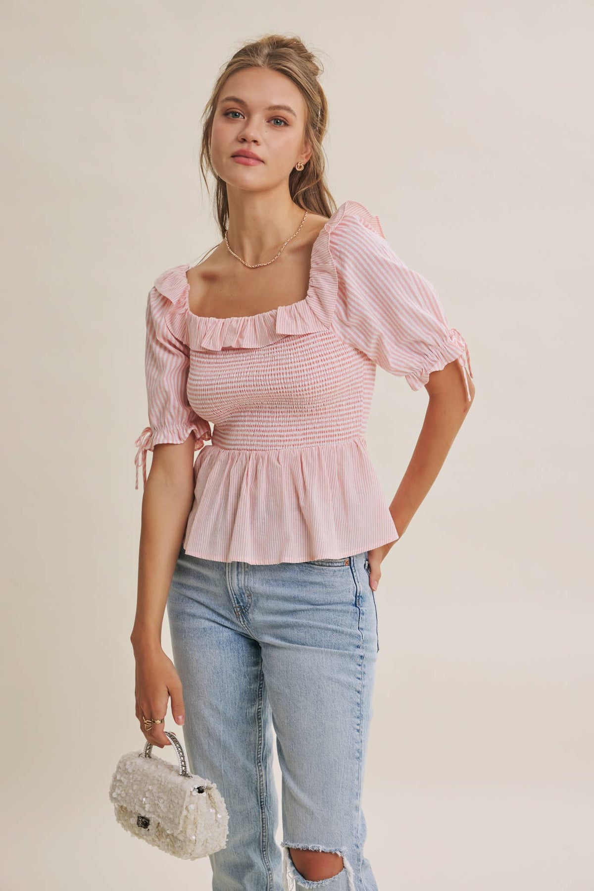 SOFT BREEZE RUFFLE SMOCKED STRIPE PEPLUM BLOUSE WITH BOW