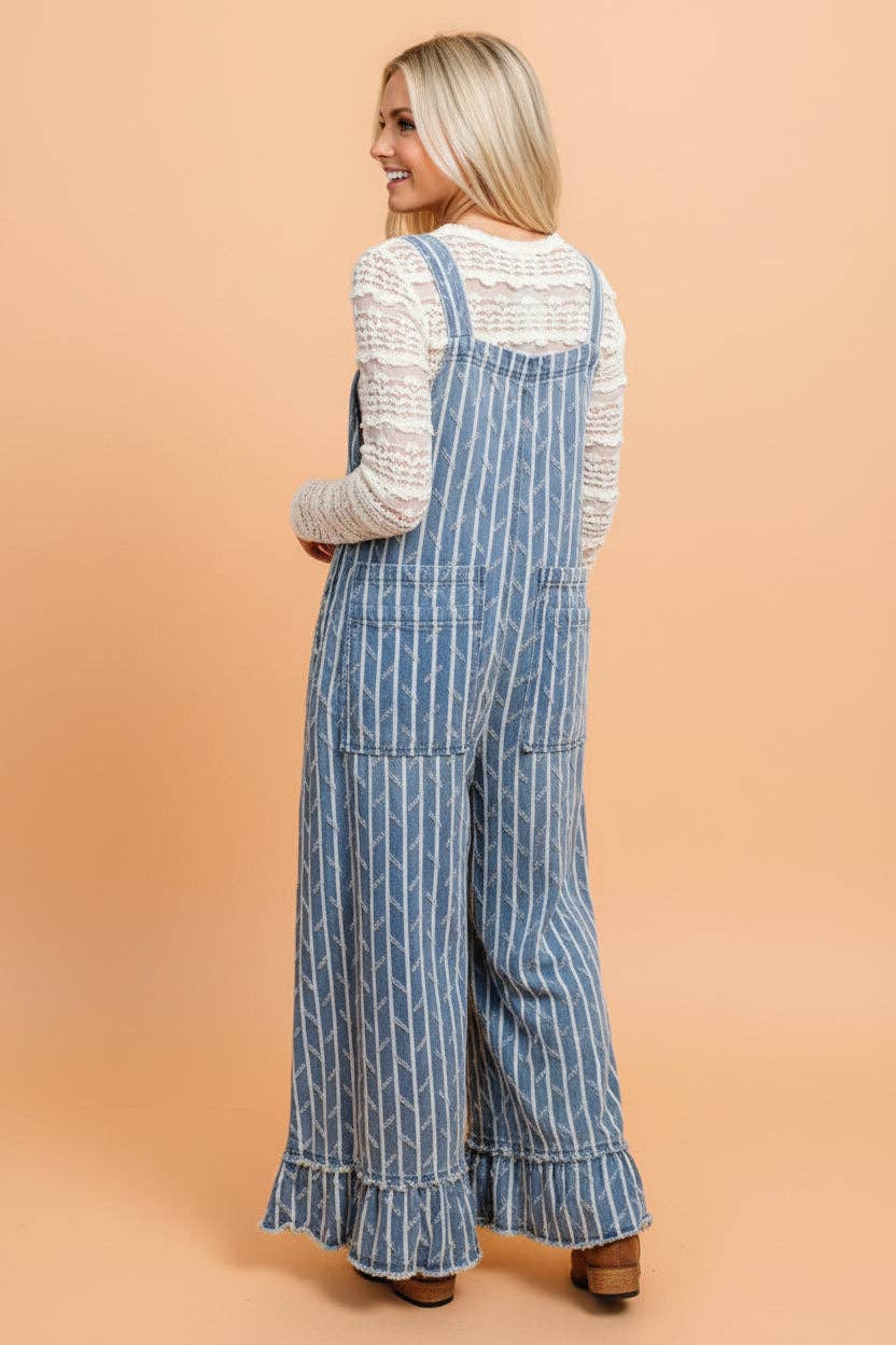 Stripe Denim Ruffle Wide Leg Overalls