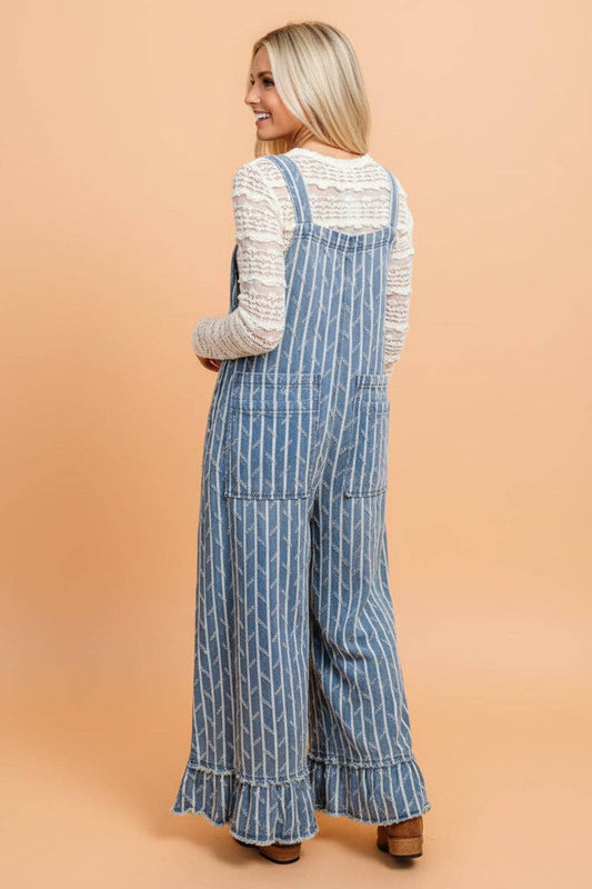 Stripe Denim Ruffle Wide Leg Overalls