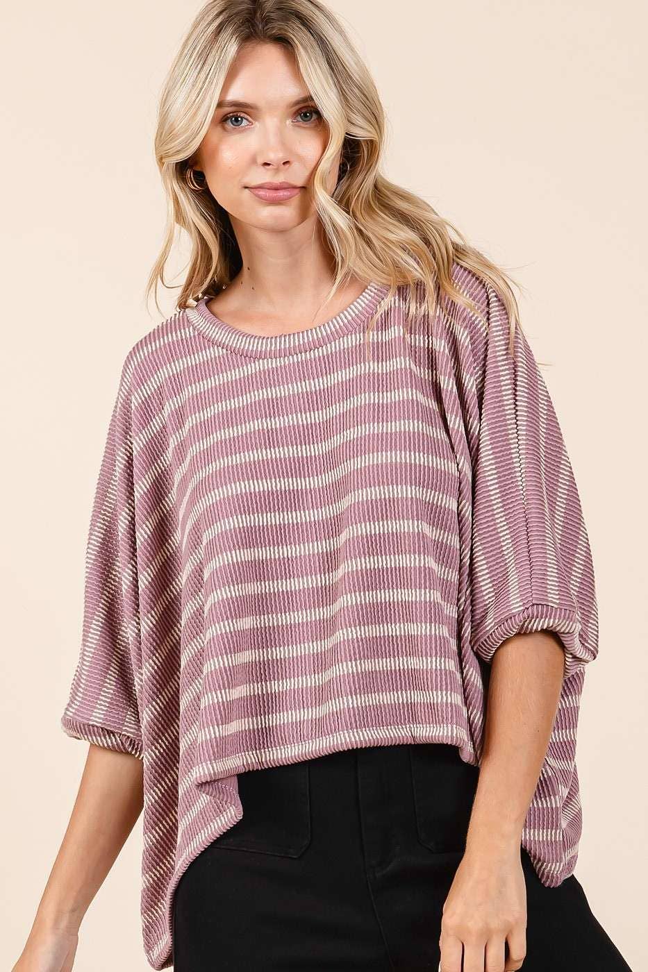 TEXTURE STRIPED PRINT ROUND NECK DOLMAN SLEEVE TOP