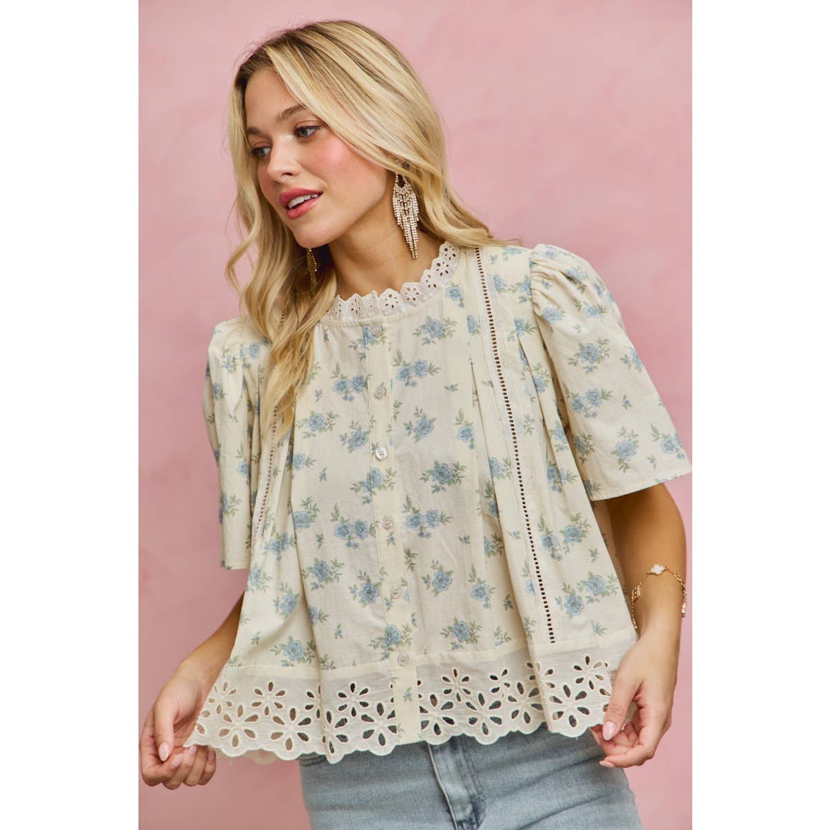 FLORAL PRINT LACE TRIM FLUTTER SLEEVES BLOUSE