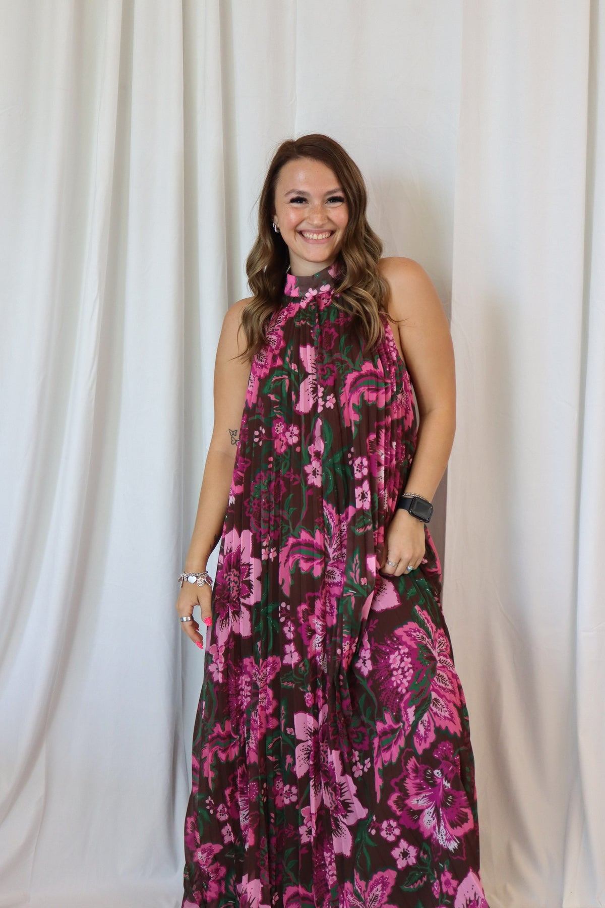 FLORAL PLEATED HALTER MAXI DRESS