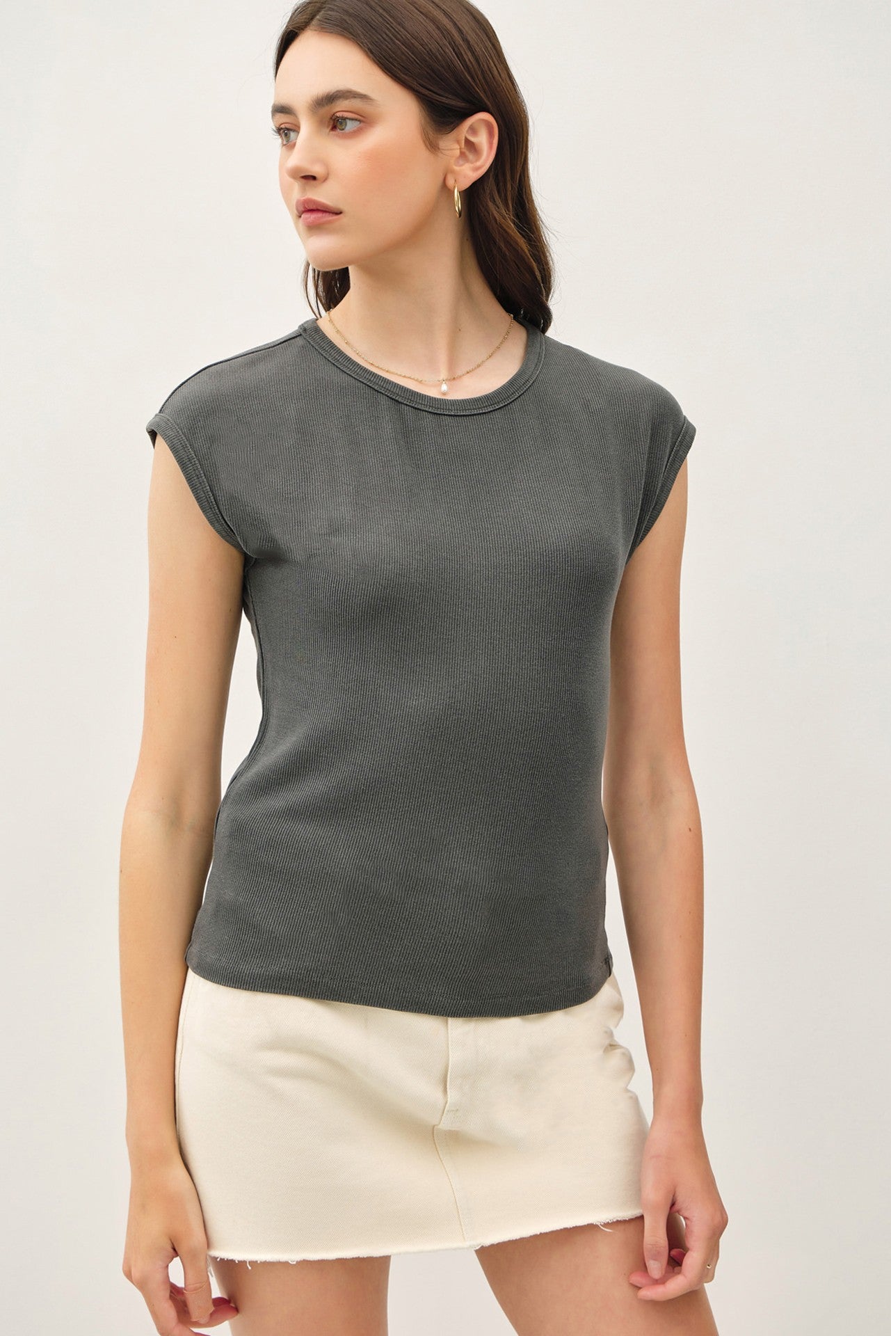 RIBBED CAP SLEEVE BASIC TEE