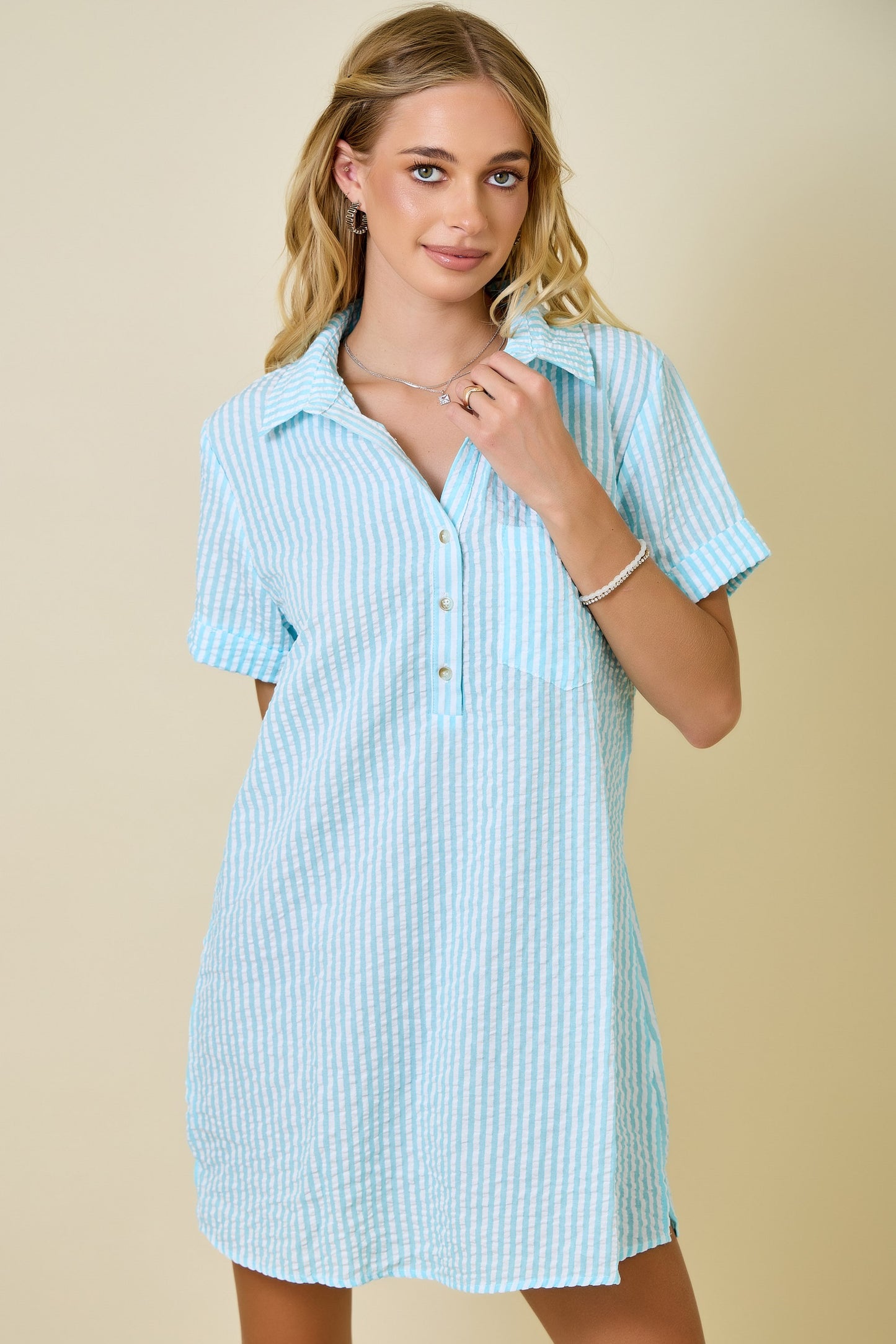 Striped Seersucker Easy Shirt Dress W/ Pockets