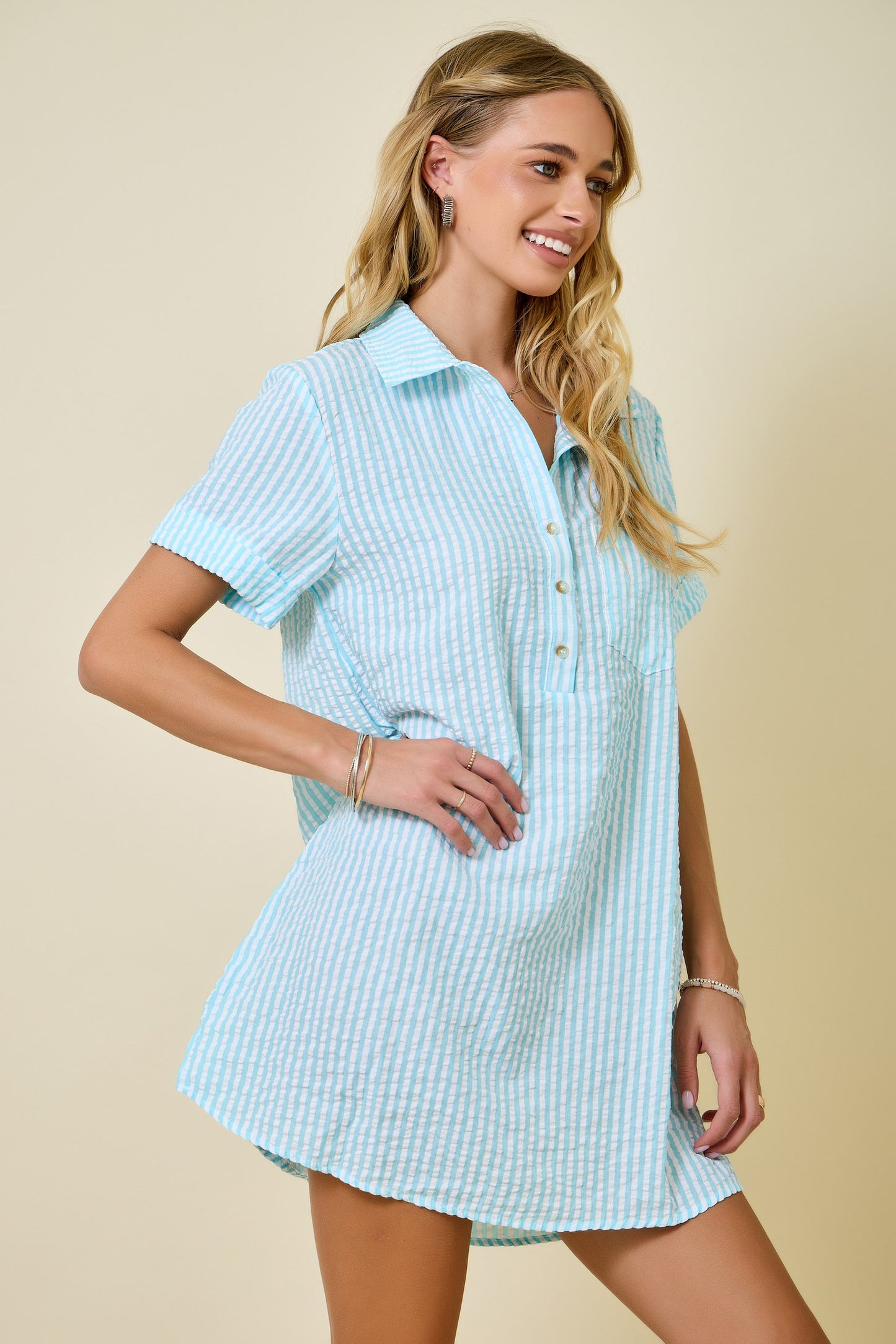 Striped Seersucker Easy Shirt Dress W/ Pockets