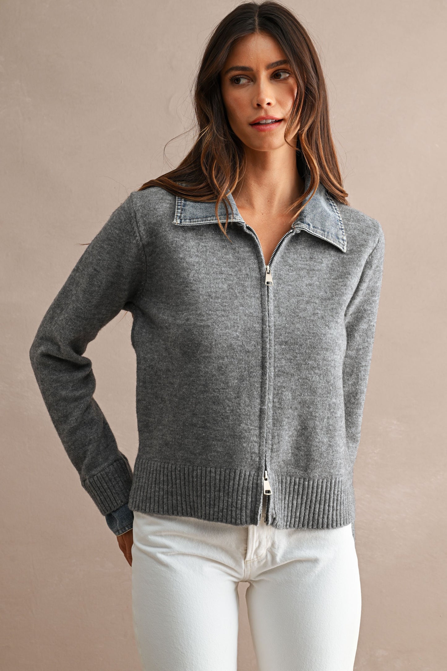 DENIM COLLARED ZIP UP CARDIGAN