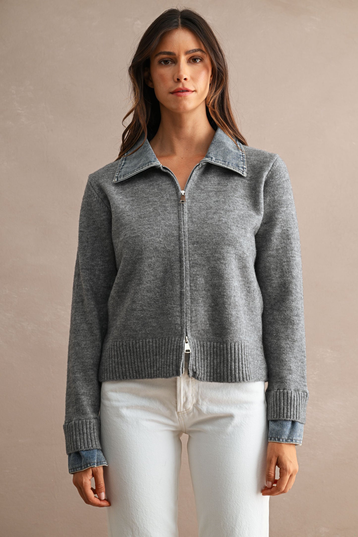 DENIM COLLARED ZIP UP CARDIGAN