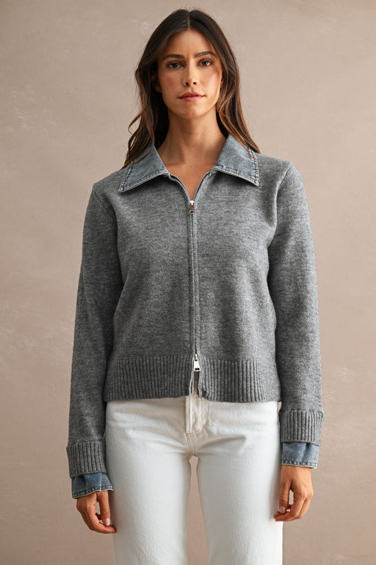 DENIM COLLARED ZIP UP CARDIGAN