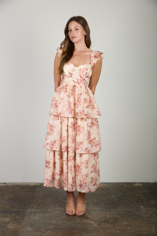 FLORAL RUFFLE MIDI DRESS