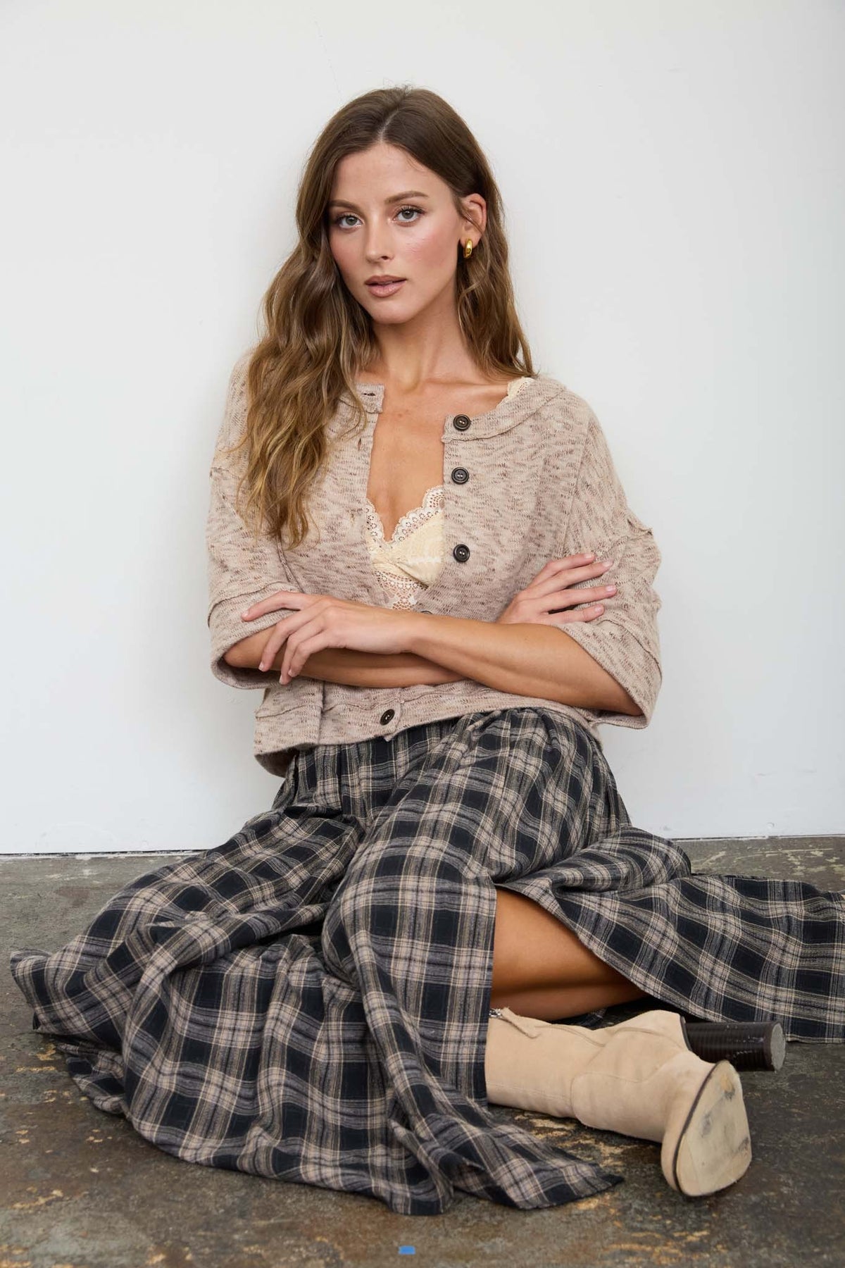 PLAID PLEATED MIDI SKIRT