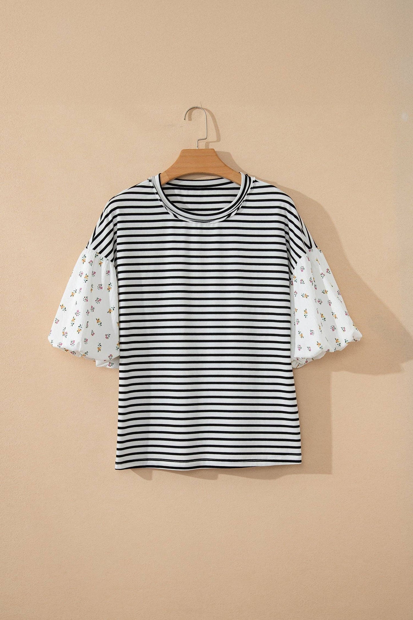 Floral Stripe Patchwork Puff Sleeve Top