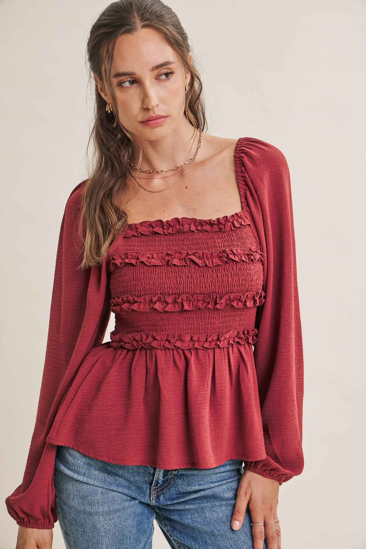 ROSEWOOD EVENING SQUARE NECK SMOCKED PEPLUM BLOUSE