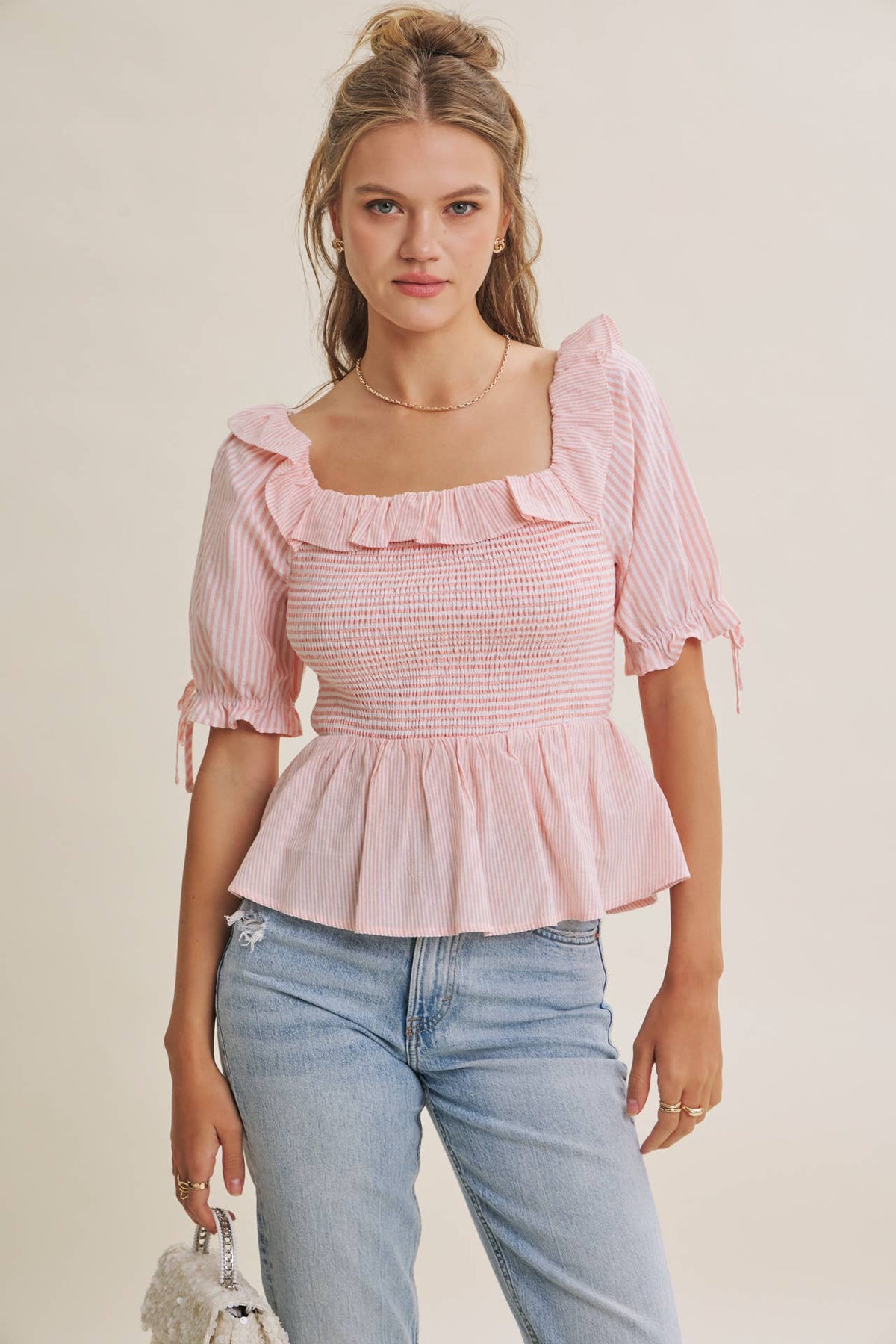 SOFT BREEZE RUFFLE SMOCKED STRIPE PEPLUM BLOUSE WITH BOW