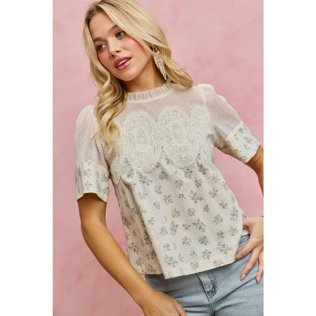 FLORAL PRINT LACE TRIM COTTON BLOUSE TOP