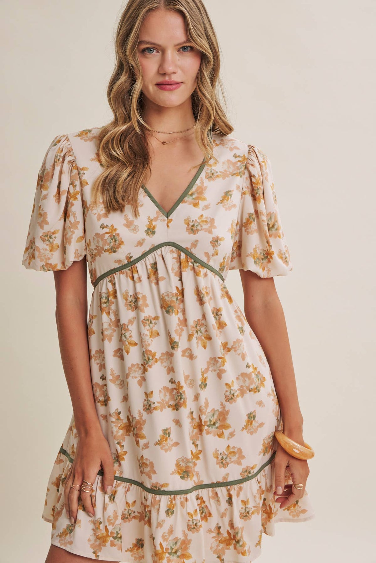 VINTAGE FLORAL BACK BOW BUBBLE SLEEVES FLARE MINI DRESS