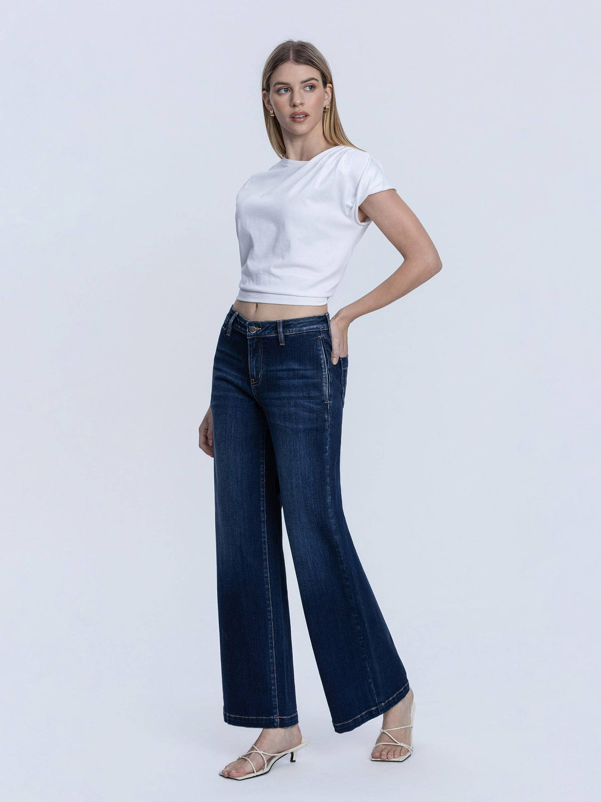 MID RISE TROUSER HEM DARK WASH WIDE JEANS