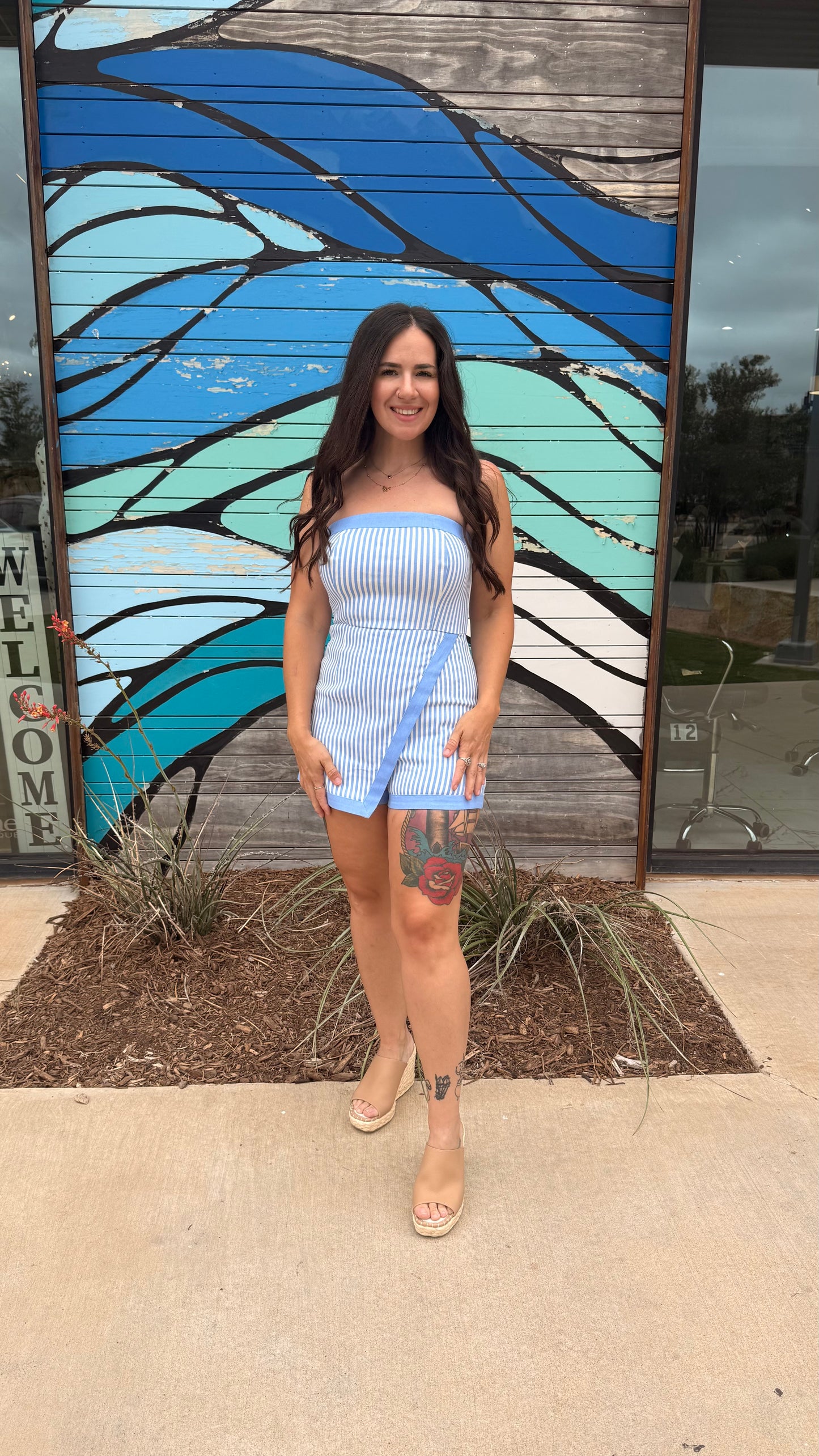Cotton denim stripe tube romper with wrap skirt