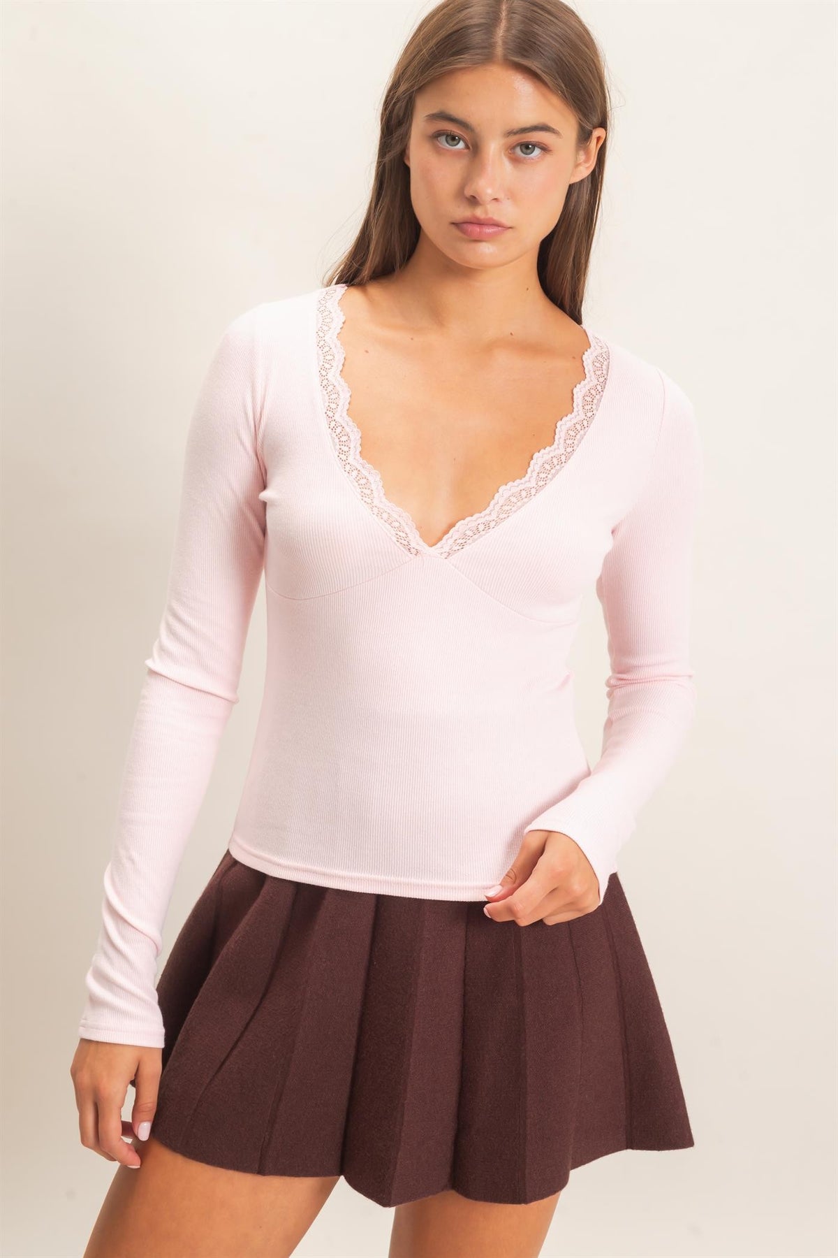 LACE TRIM V NECK TOP