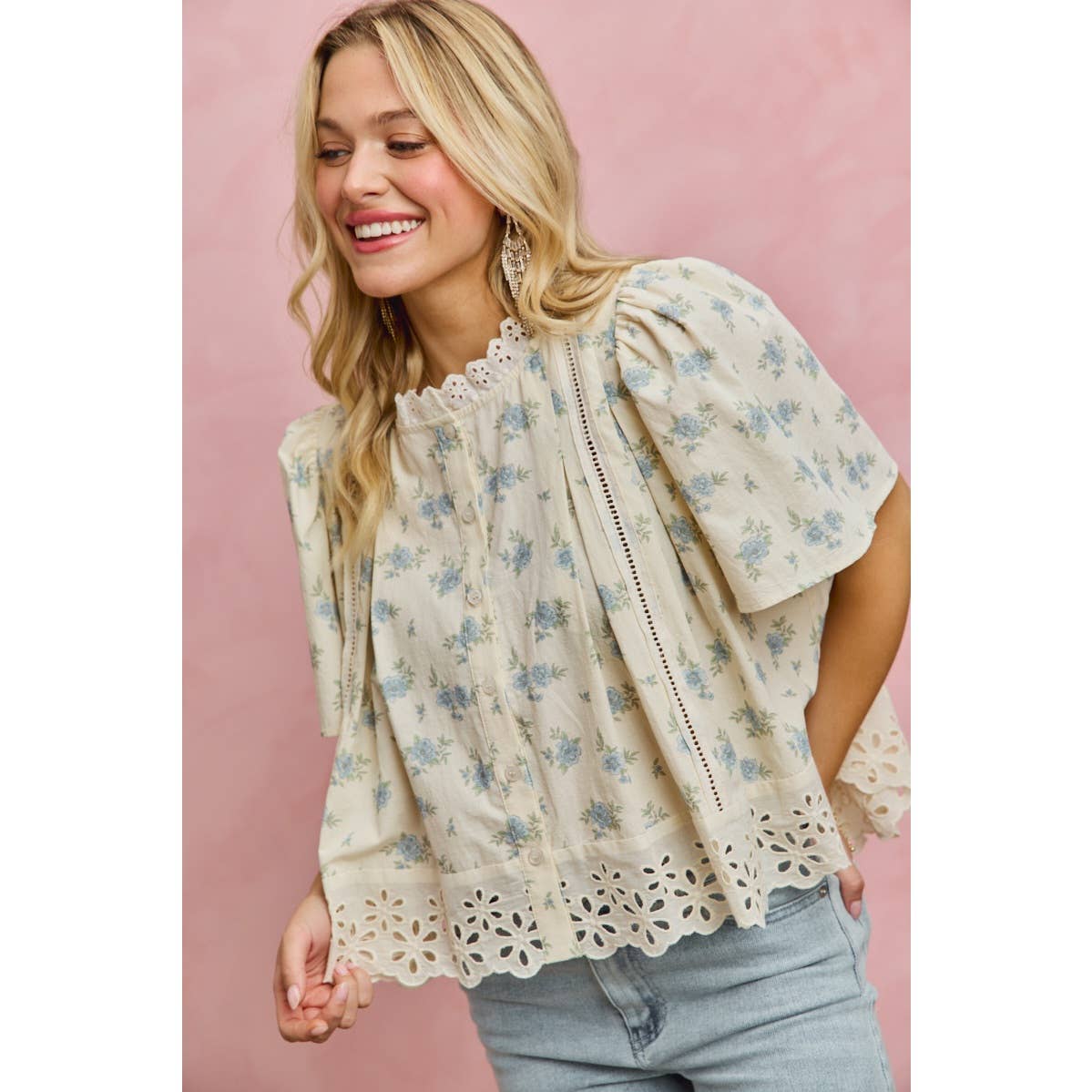 FLORAL PRINT LACE TRIM FLUTTER SLEEVES BLOUSE
