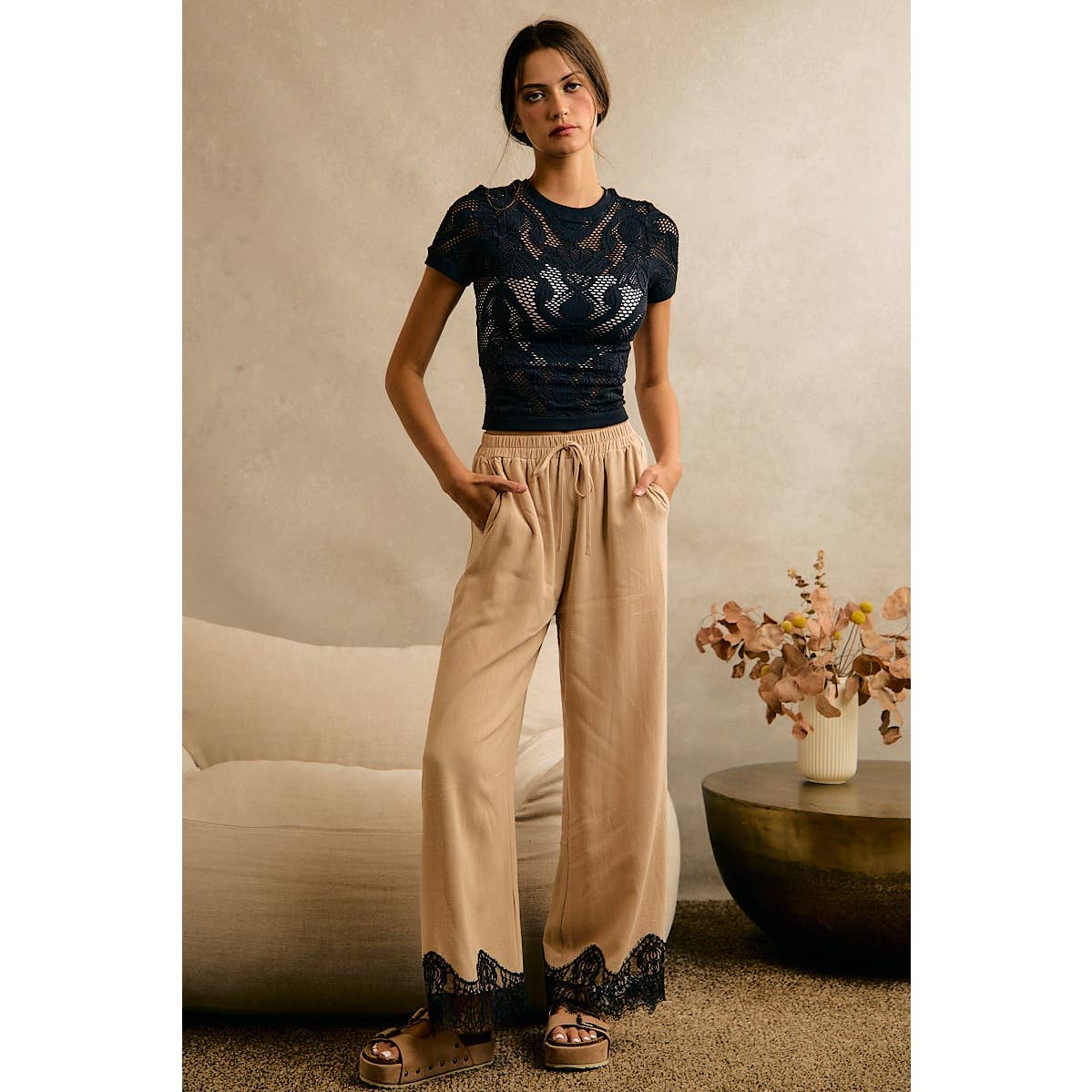 LINEN BLEND LACE TRIM BANDING WAIST PANTS