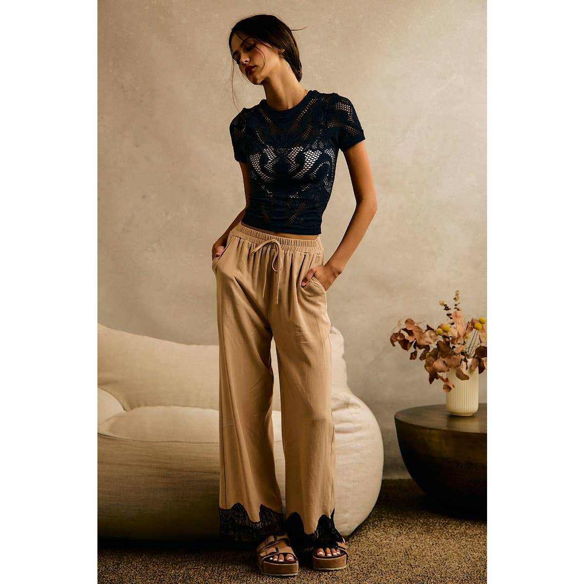 LINEN BLEND LACE TRIM BANDING WAIST PANTS