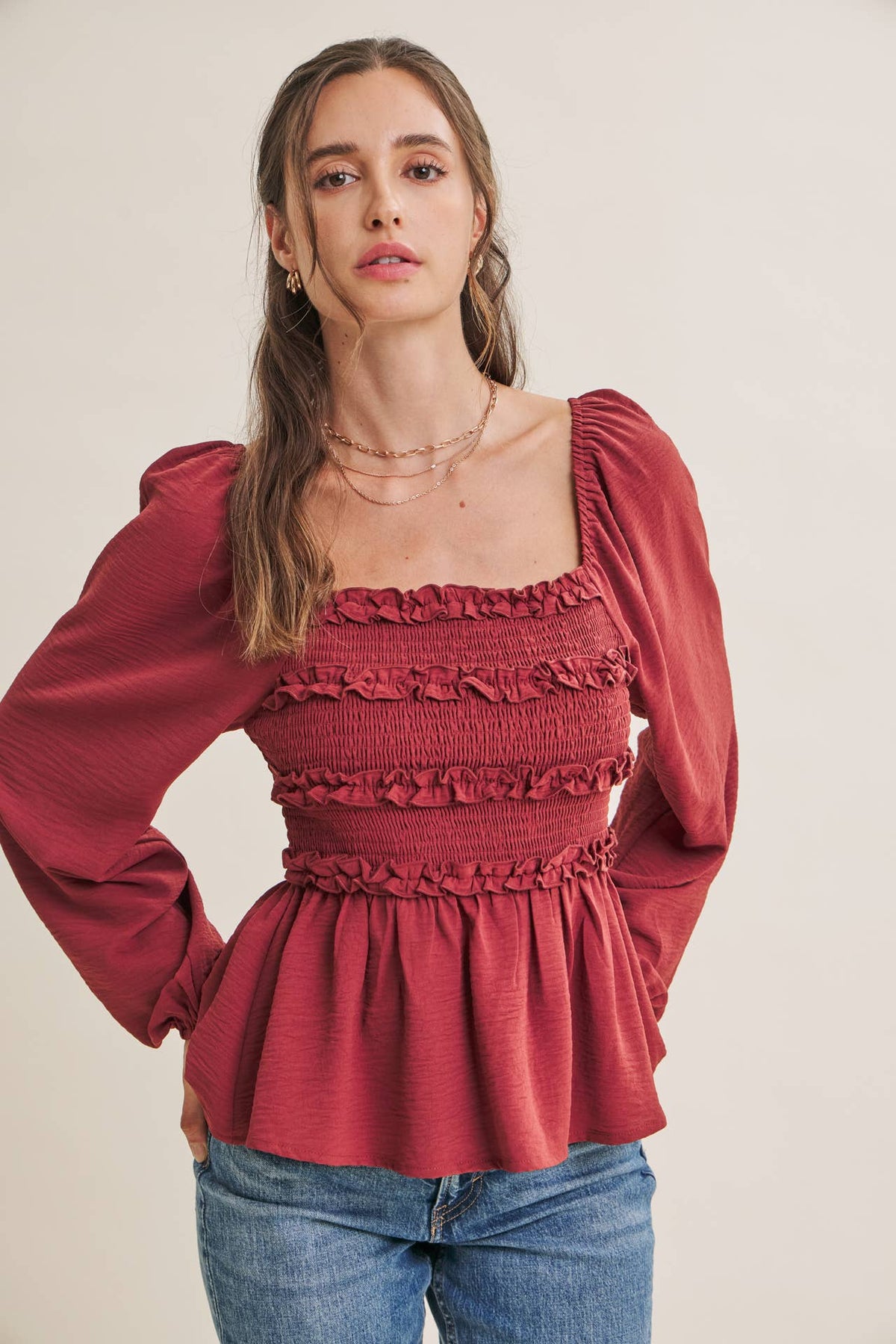 ROSEWOOD EVENING SQUARE NECK SMOCKED PEPLUM BLOUSE