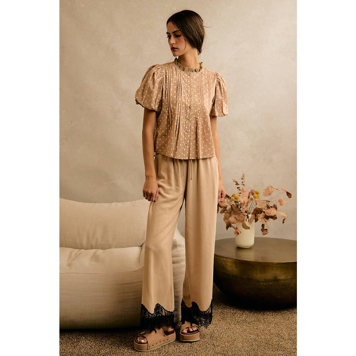 LINEN BLEND LACE TRIM BANDING WAIST PANTS