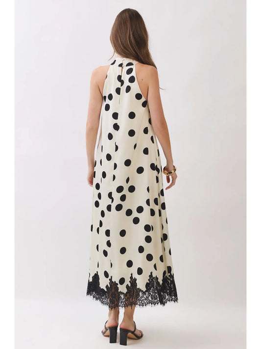 POLKA DOT LACE TRIM HALTER MAXI