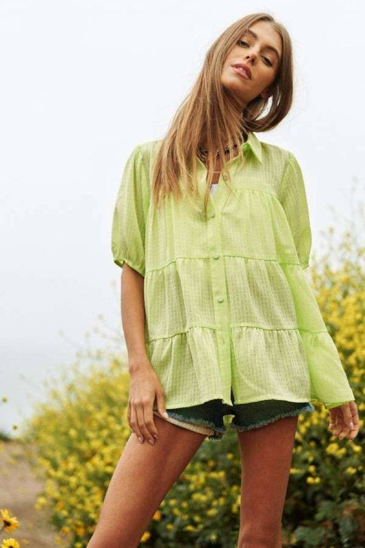 BUTTON DOWN SHORT PUFF SLEEVES BABYDOLL BLOUSE
