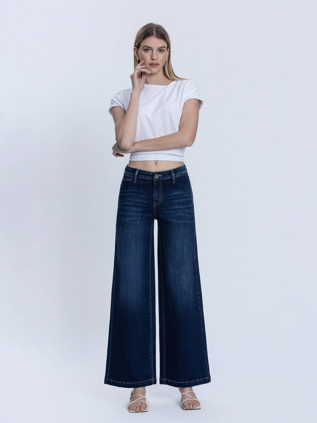 MID RISE TROUSER HEM DARK WASH WIDE JEANS