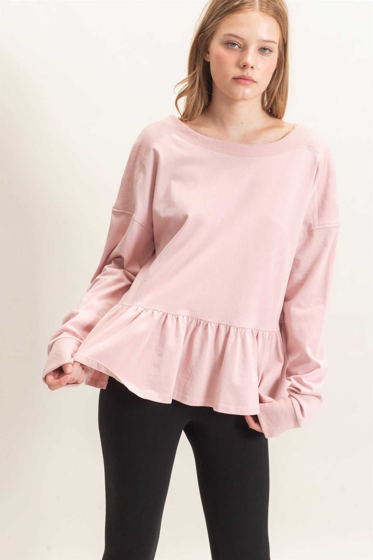 RUFFLED HEM LONG SLEEVE TOP