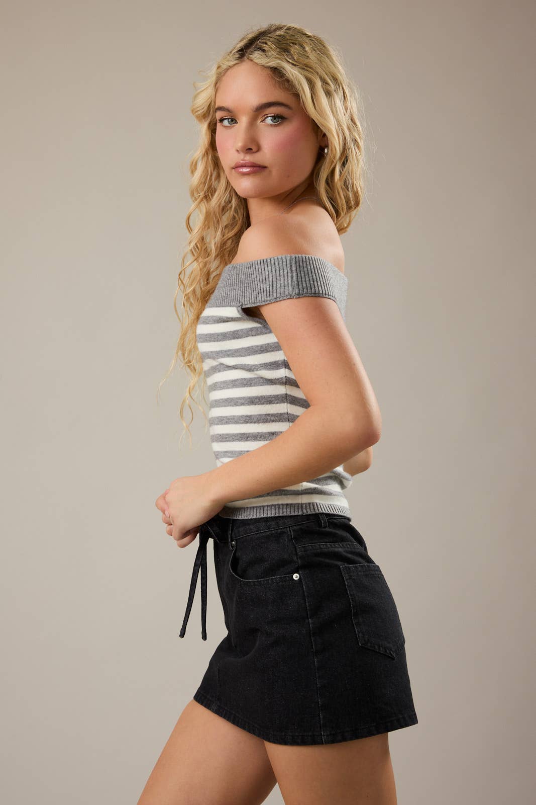 OFF SHOULDER STRIPE SWEATER TOP