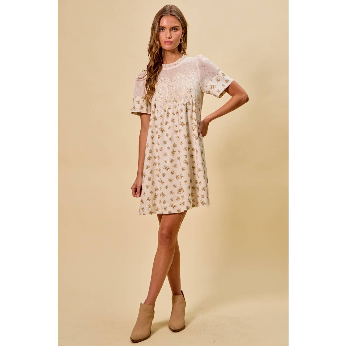 FLORAL PRINT LACE TRIM SHORT SLEEVES MINI DRESS